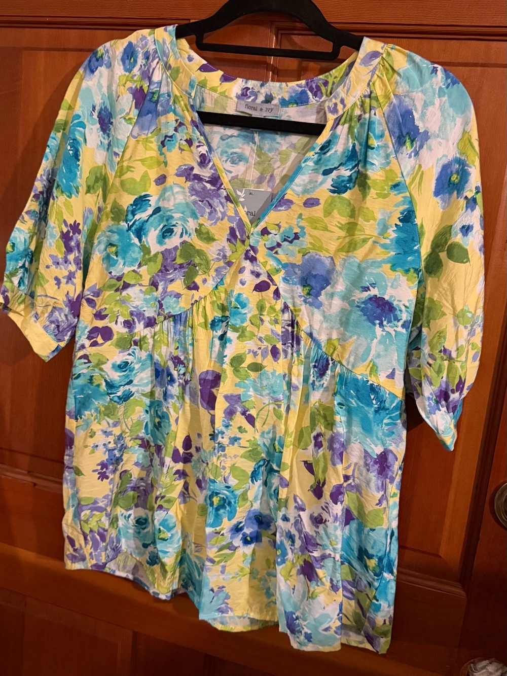 Bright Floral V-Neck Tunic in Yellow, Blue & Purple